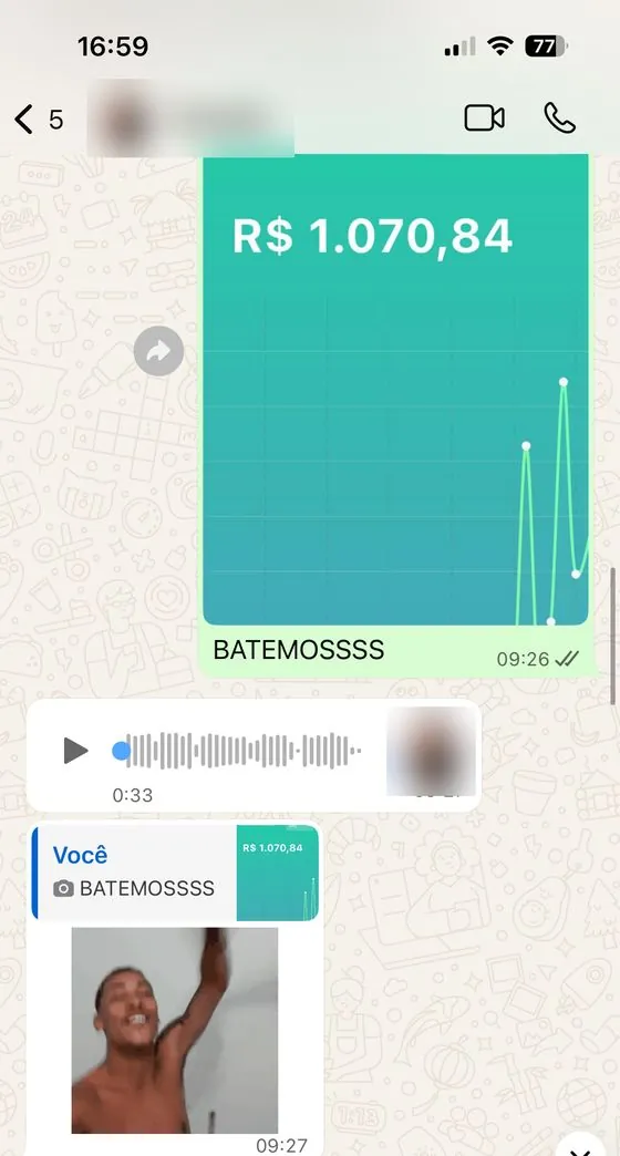 Cliente no WhatsApp comemorando R$ 1.070,84 em vendas